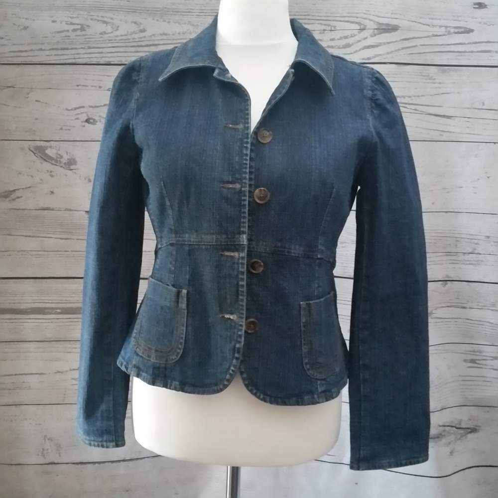 Loft Ann Taylor Denim Blazer Jacket Peplum Pleats